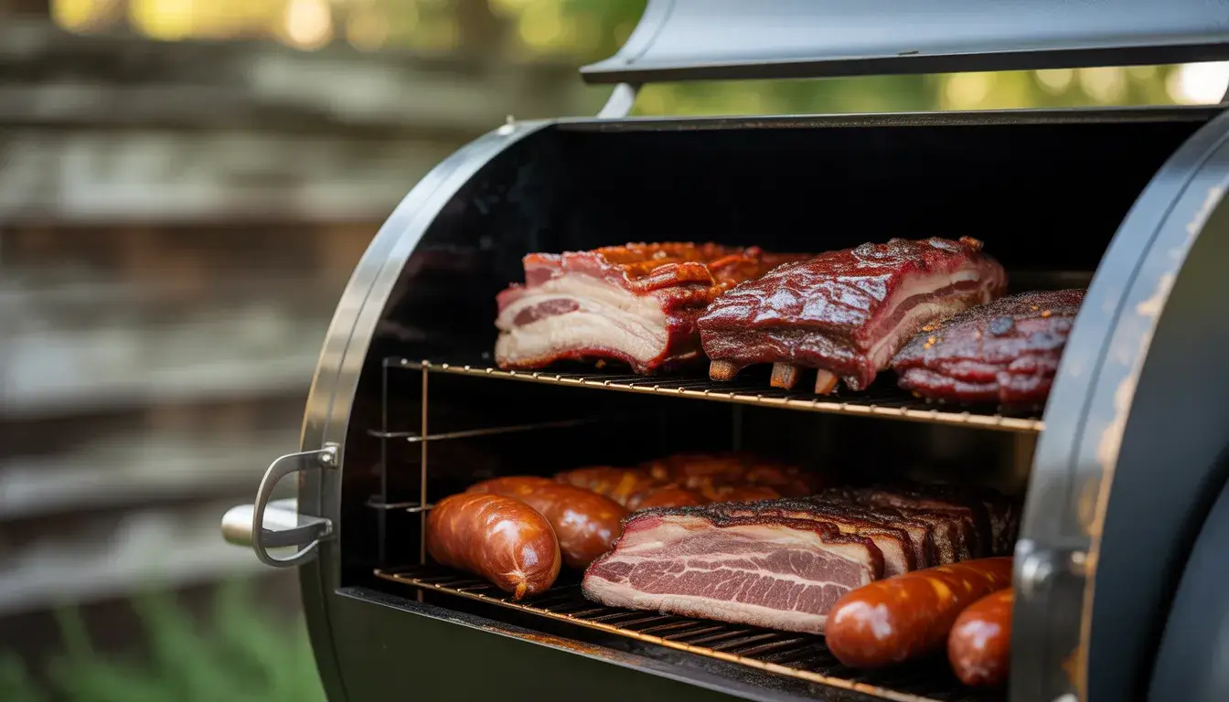meat in the bbq smoker-ribs and sausages